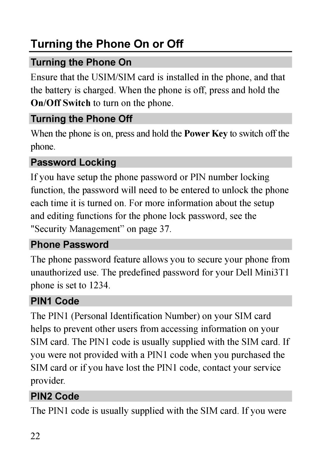 Dell MINI 3T1 manual Turning the Phone On or Off 