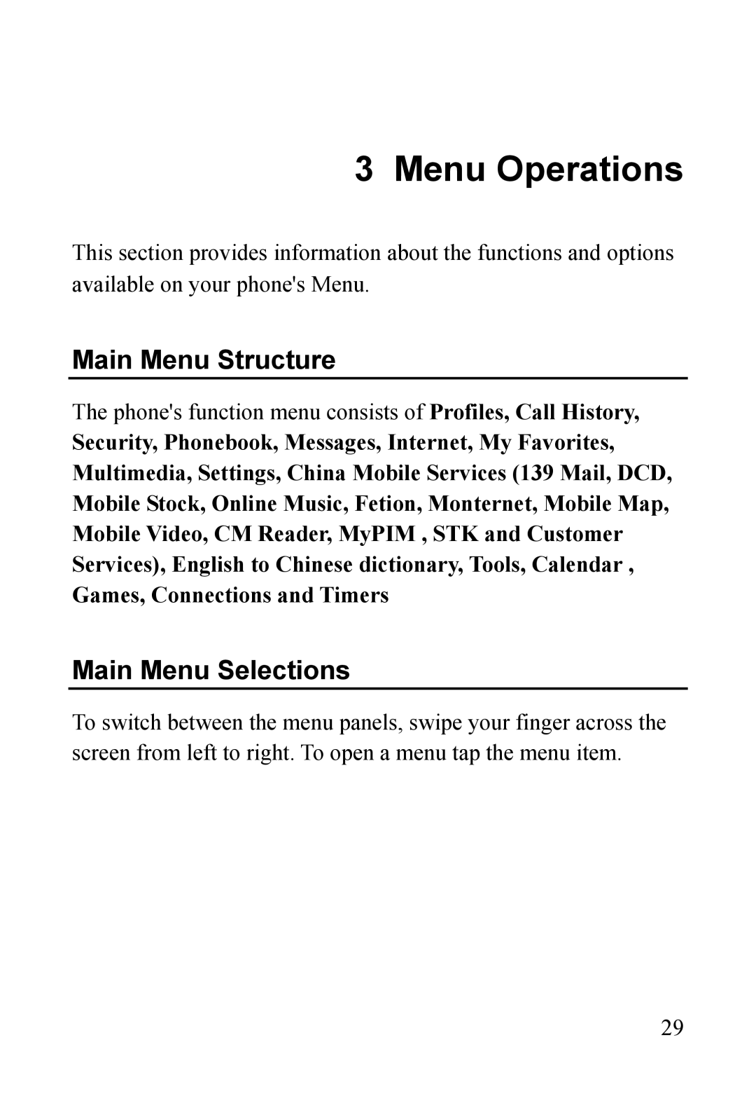 Dell MINI 3T1 manual Menu Operations, Main Menu Structure, Main Menu Selections 