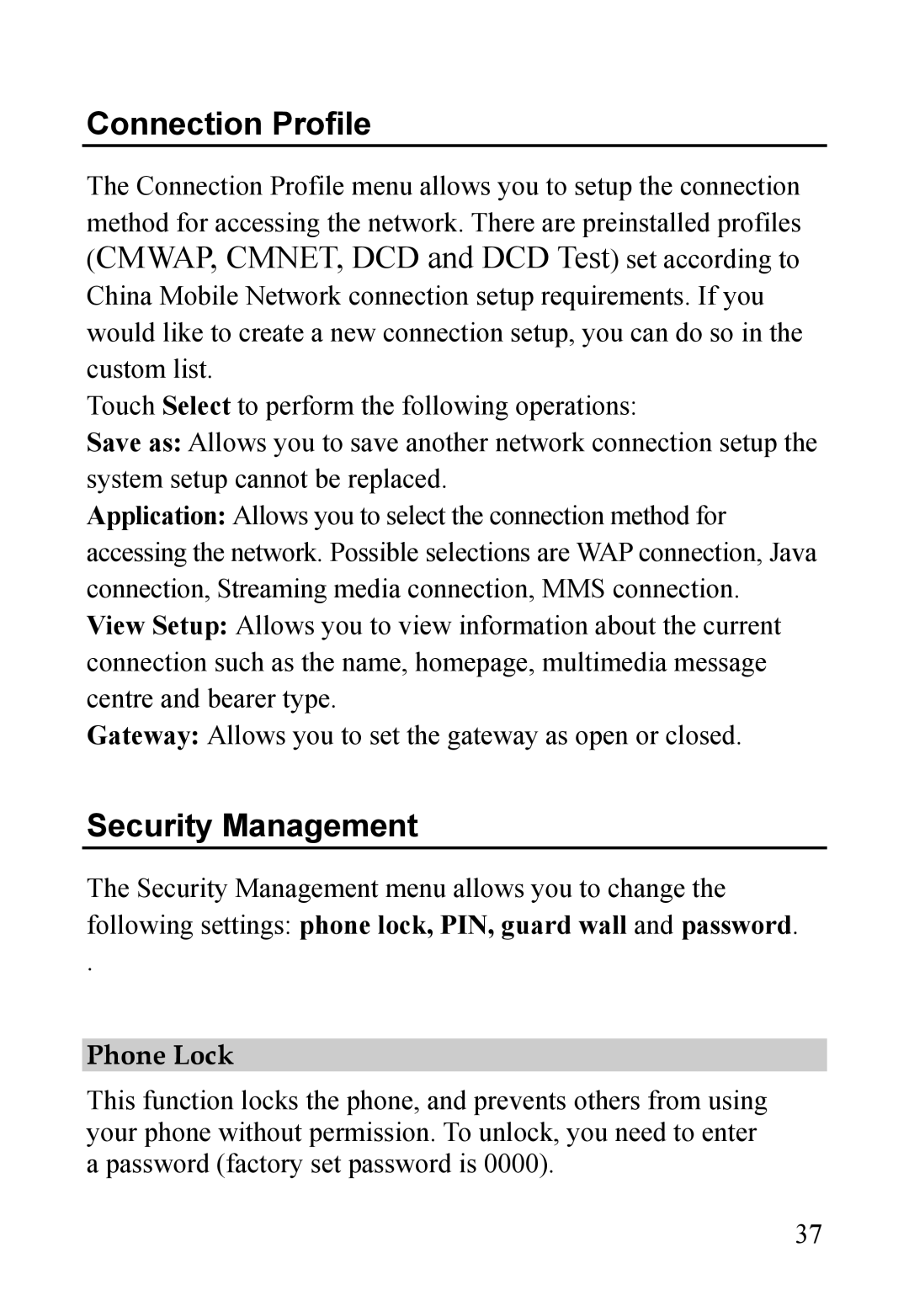 Dell MINI 3T1 manual Connection Profile, Security Management 