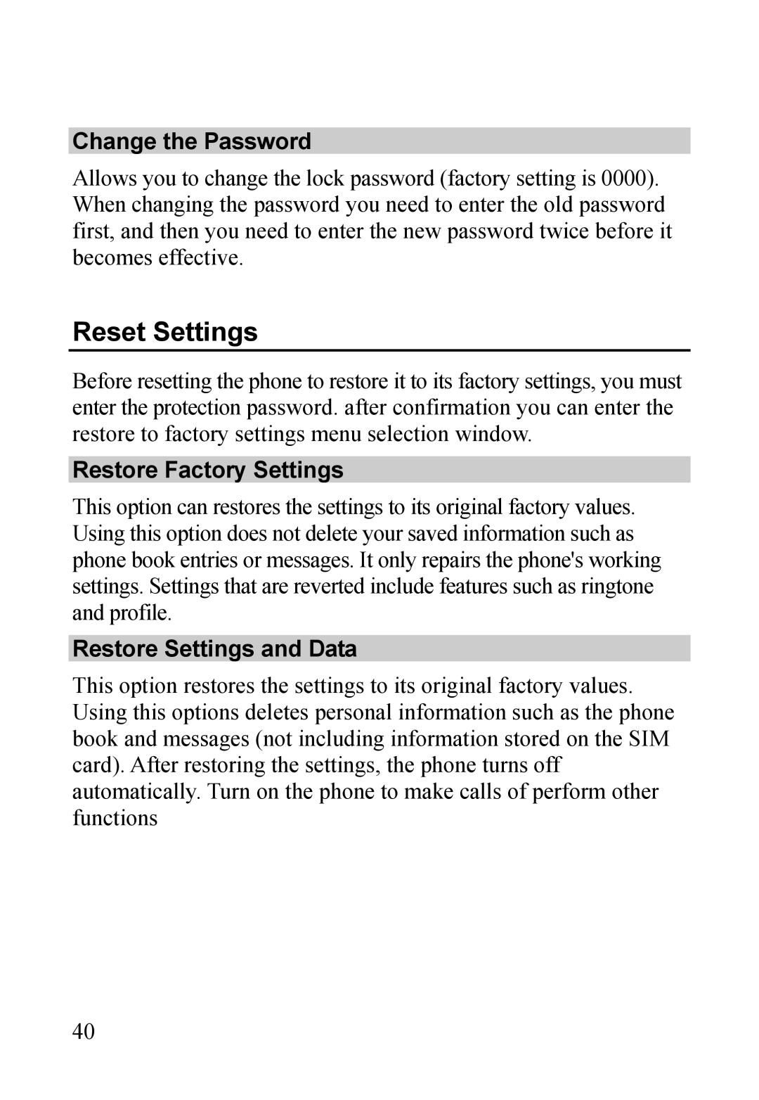 Dell MINI 3T1 manual Reset Settings, Change the Password, Restore Factory Settings, Restore Settings and Data 