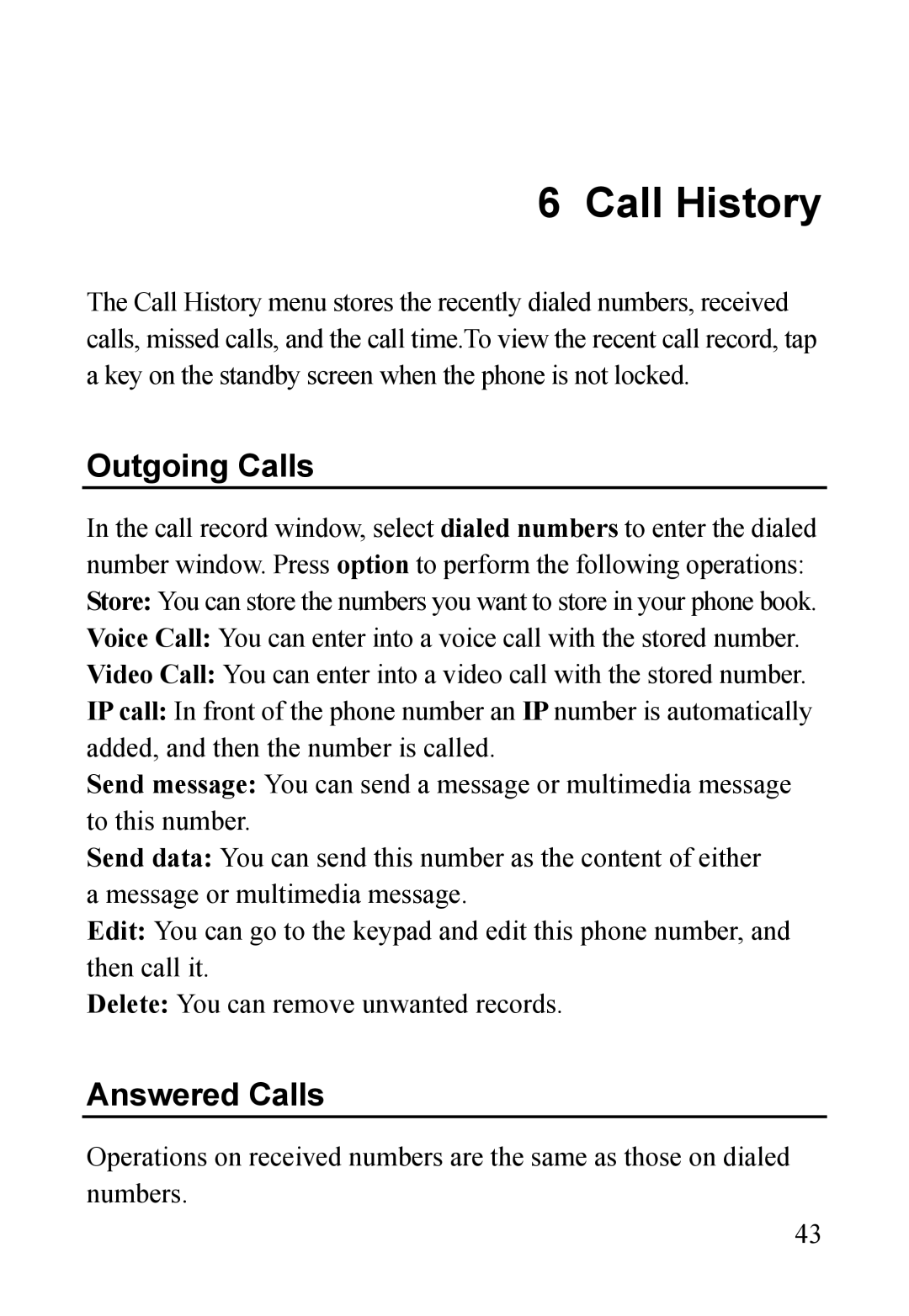 Dell MINI 3T1 manual Call History, Outgoing Calls, Answered Calls 