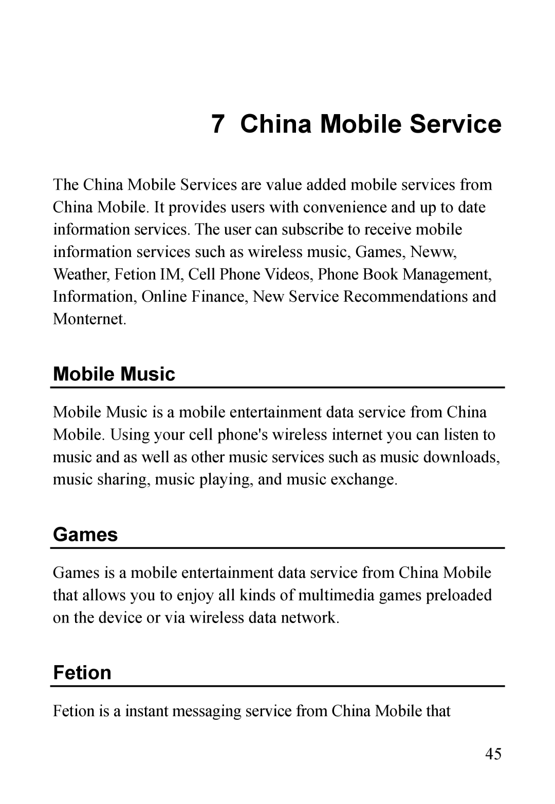 Dell MINI 3T1 manual China Mobile Service, Mobile Music, Games, Fetion 