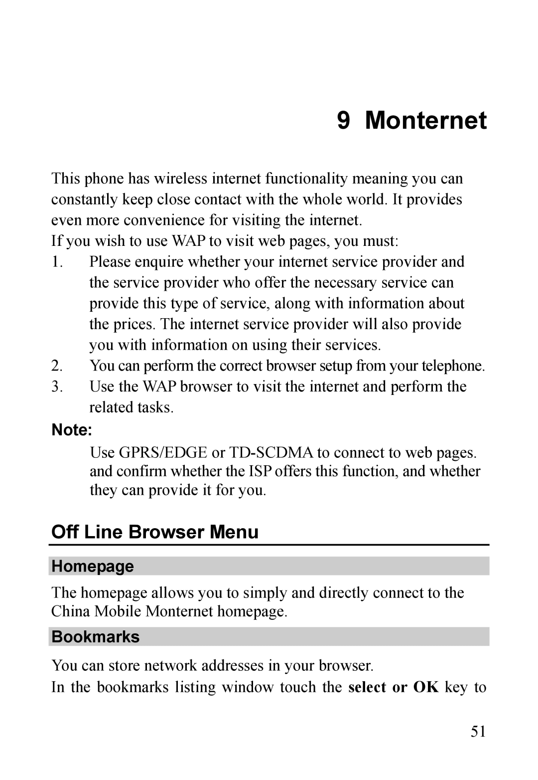 Dell MINI 3T1 manual Monternet, Off Line Browser Menu, Homepage, Bookmarks 