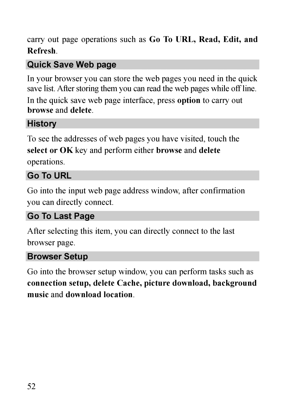 Dell MINI 3T1 manual Quick Save Web, History, Go To URL, Go To Last, Browser Setup 