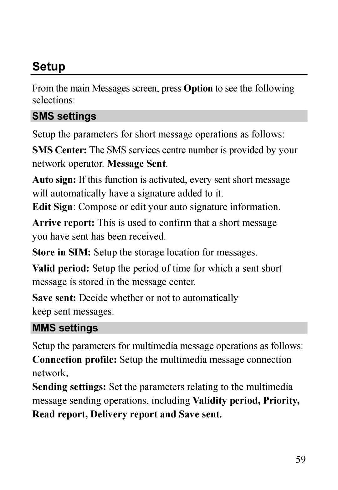 Dell MINI 3T1 manual Setup, SMS settings, MMS settings 