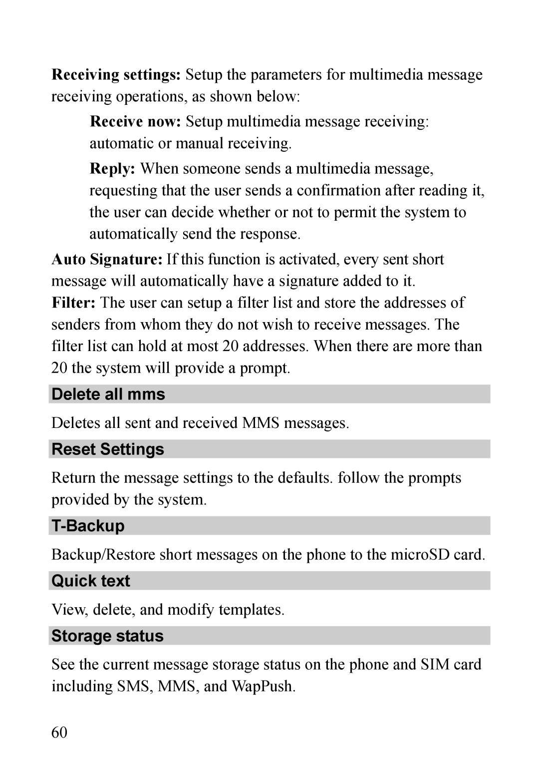 Dell MINI 3T1 manual Delete all mms, Reset Settings, Backup, Quick text 