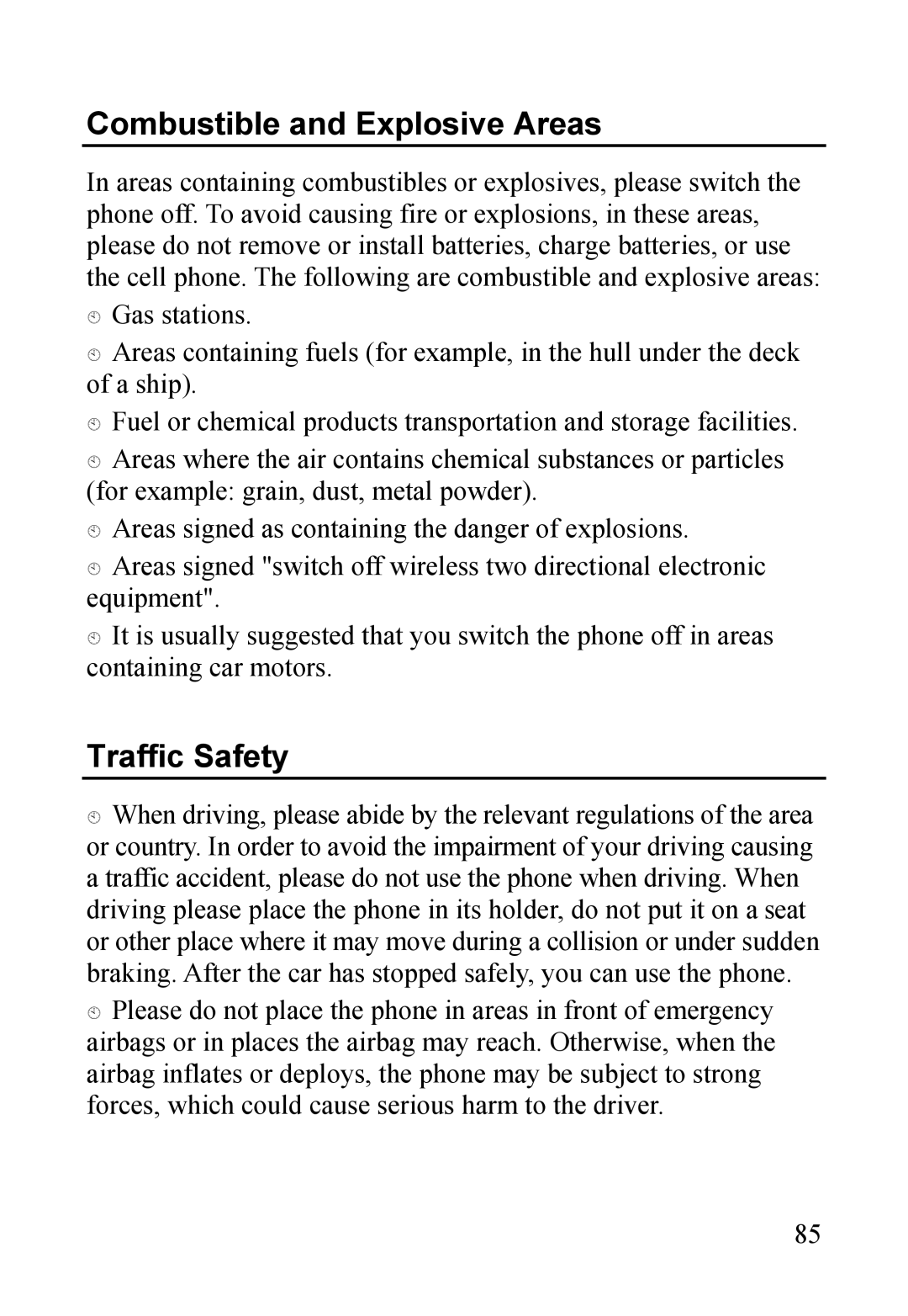 Dell MINI 3T1 manual Combustible and Explosive Areas, Traffic Safety 