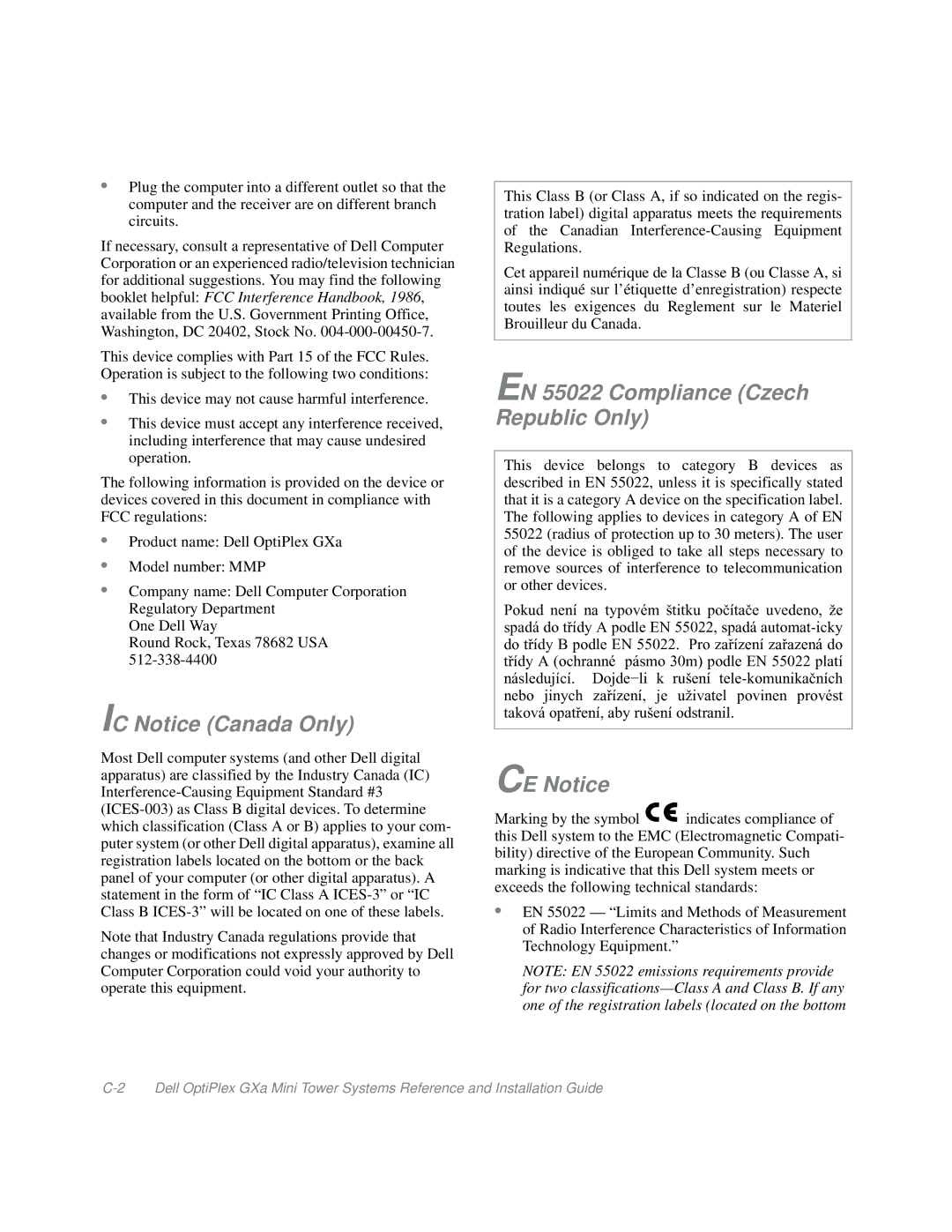 Dell Mini Tower System manual IC Notice Canada Only, EN 55022 Compliance Czech Republic Only, CE Notice 