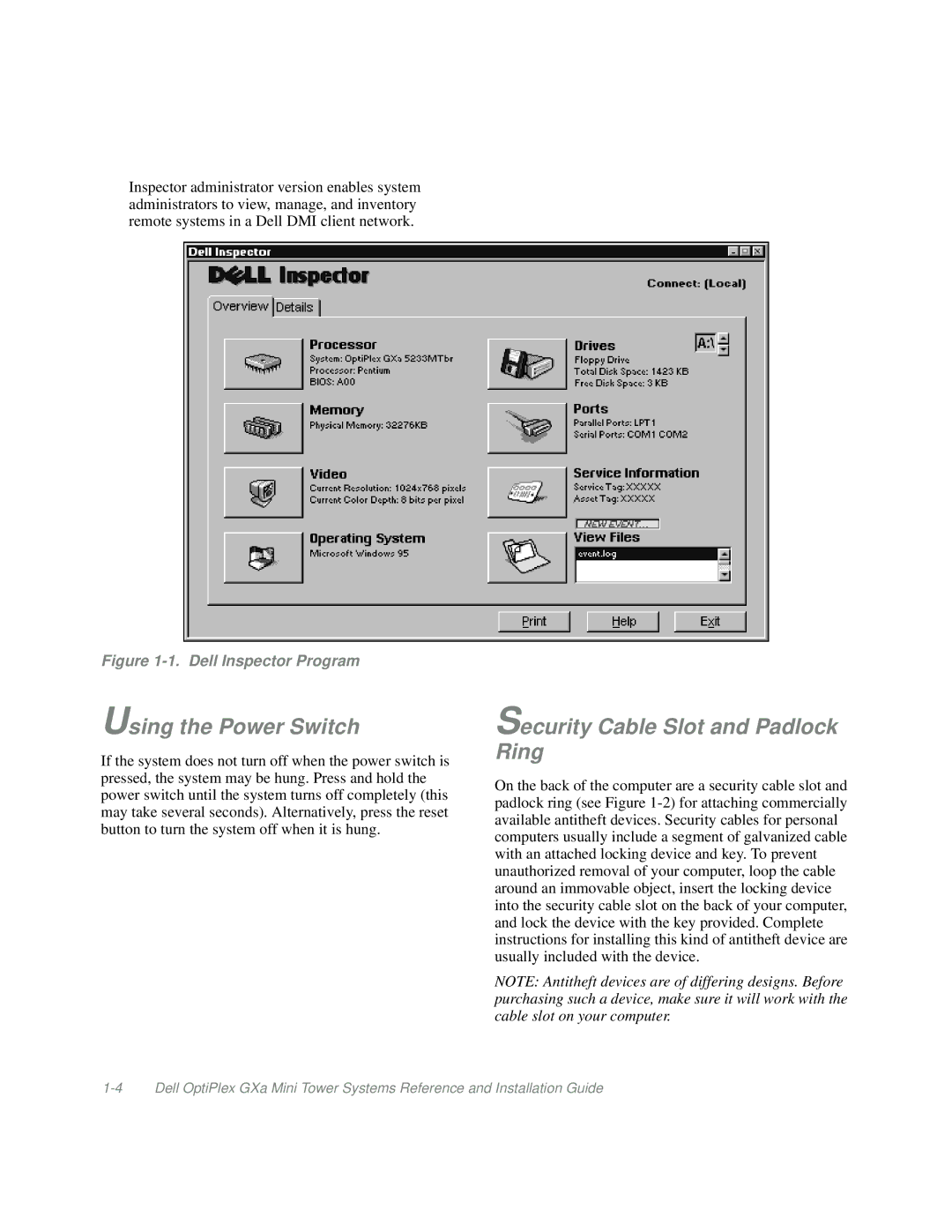 Dell Mini Tower System manual Using the Power Switch, Security Cable Slot and Padlock Ring 