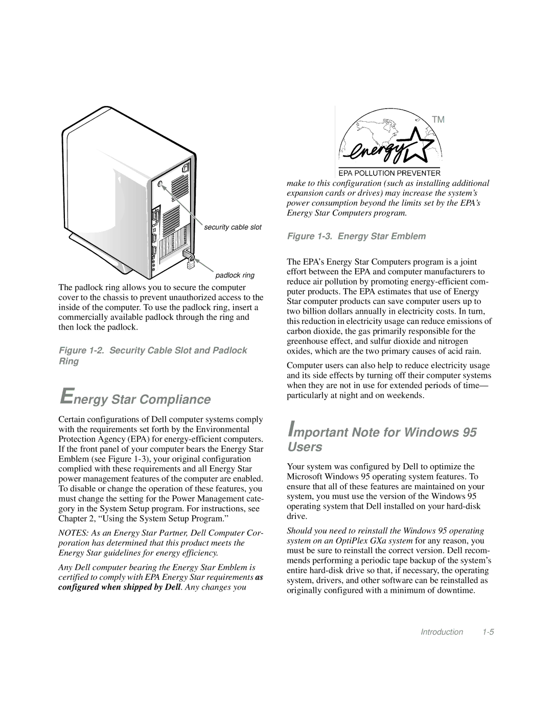 Dell Mini Tower System manual Energy Star Compliance, Important Note for Windows 95 Users 