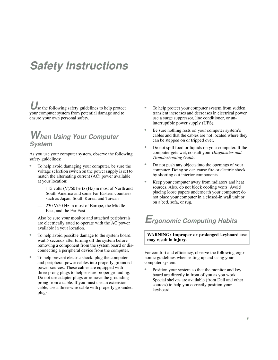 Dell Mini Tower System manual Safety Instructions, When Using Your Computer System, Ergonomic Computing Habits 