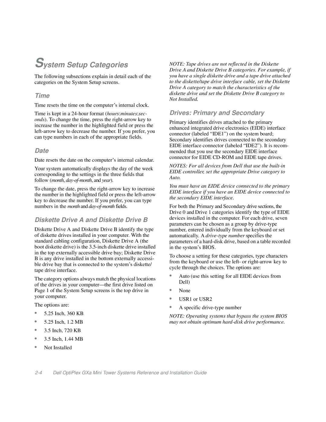 Dell Mini Tower System manual System Setup Categories, Time, Date, Diskette Drive a and Diskette Drive B 