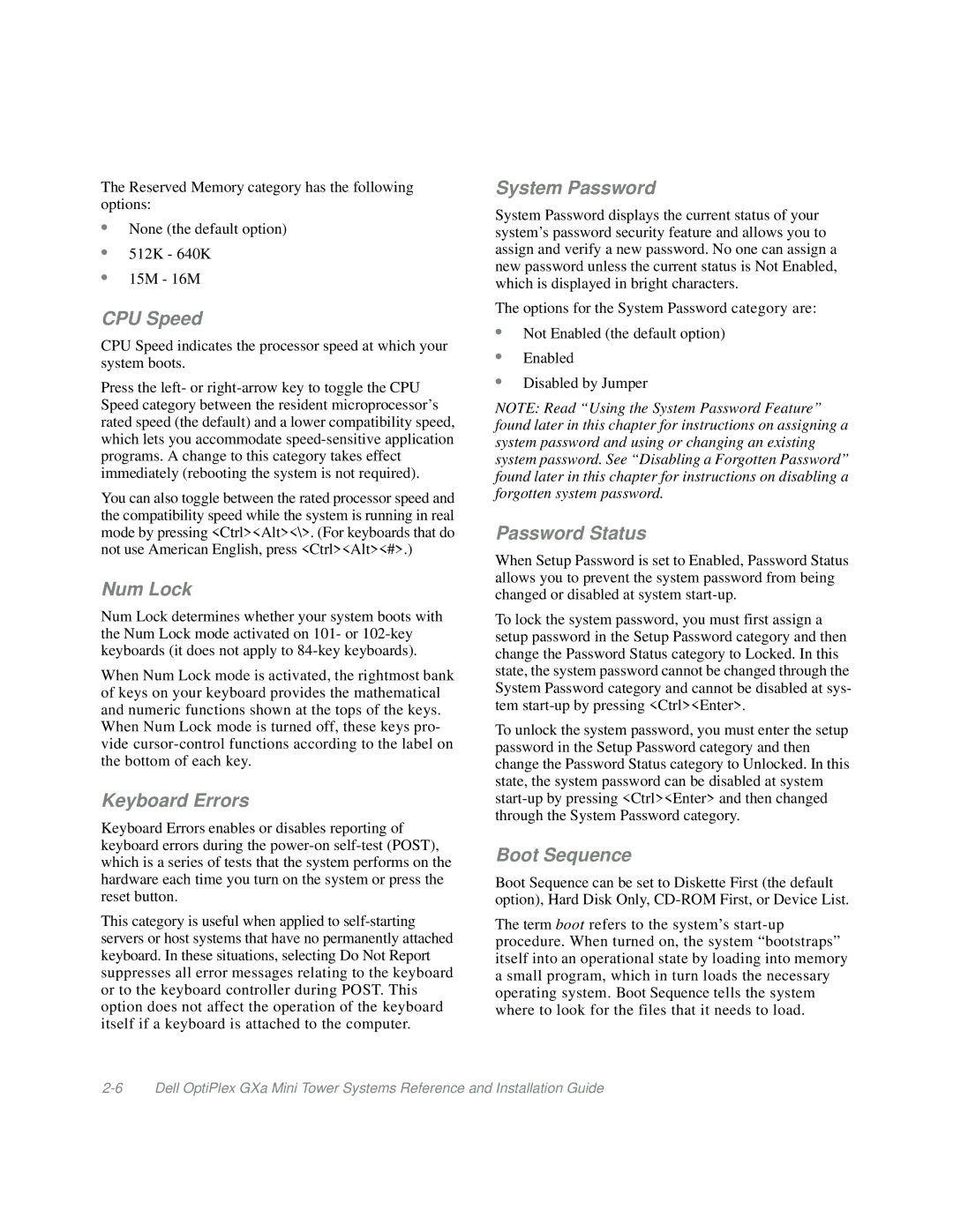 Dell Mini Tower System manual CPU Speed, Num Lock, Keyboard Errors, System Password, Password Status, Boot Sequence 