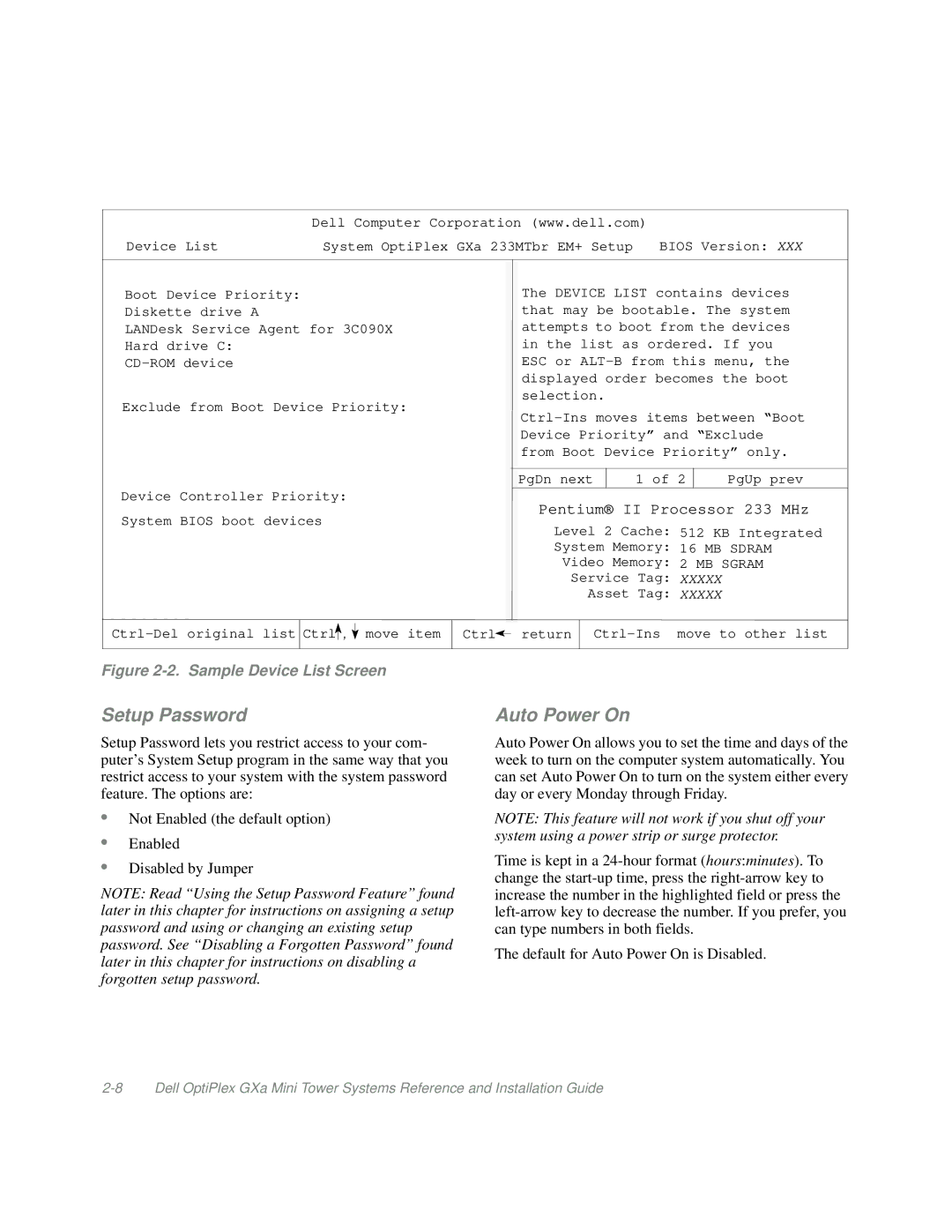 Dell Mini Tower System manual Setup Password, Auto Power On 