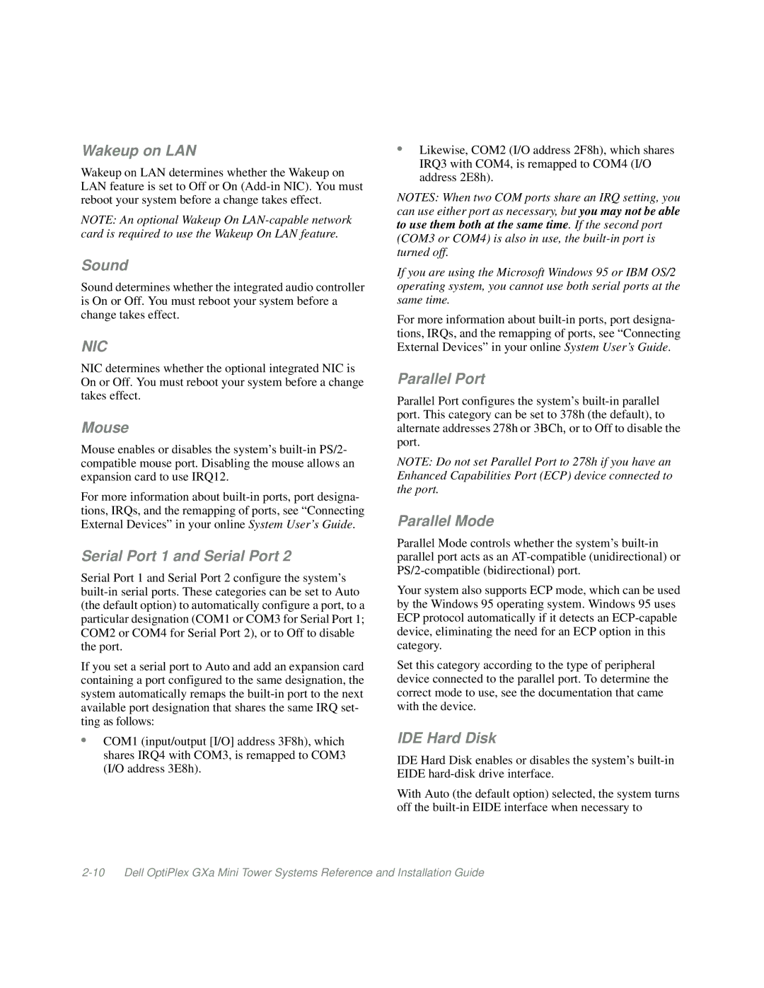 Dell Mini Tower System manual Wakeup on LAN, Sound, Mouse, Serial Port 1 and Serial Port, Parallel Port, Parallel Mode 