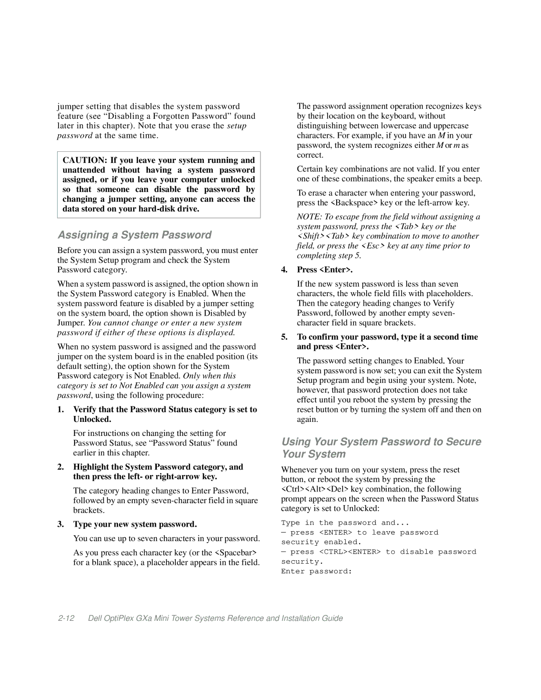 Dell Mini Tower System manual Assigning a System Password, Using Your System Password to Secure Your System, Press Enter 