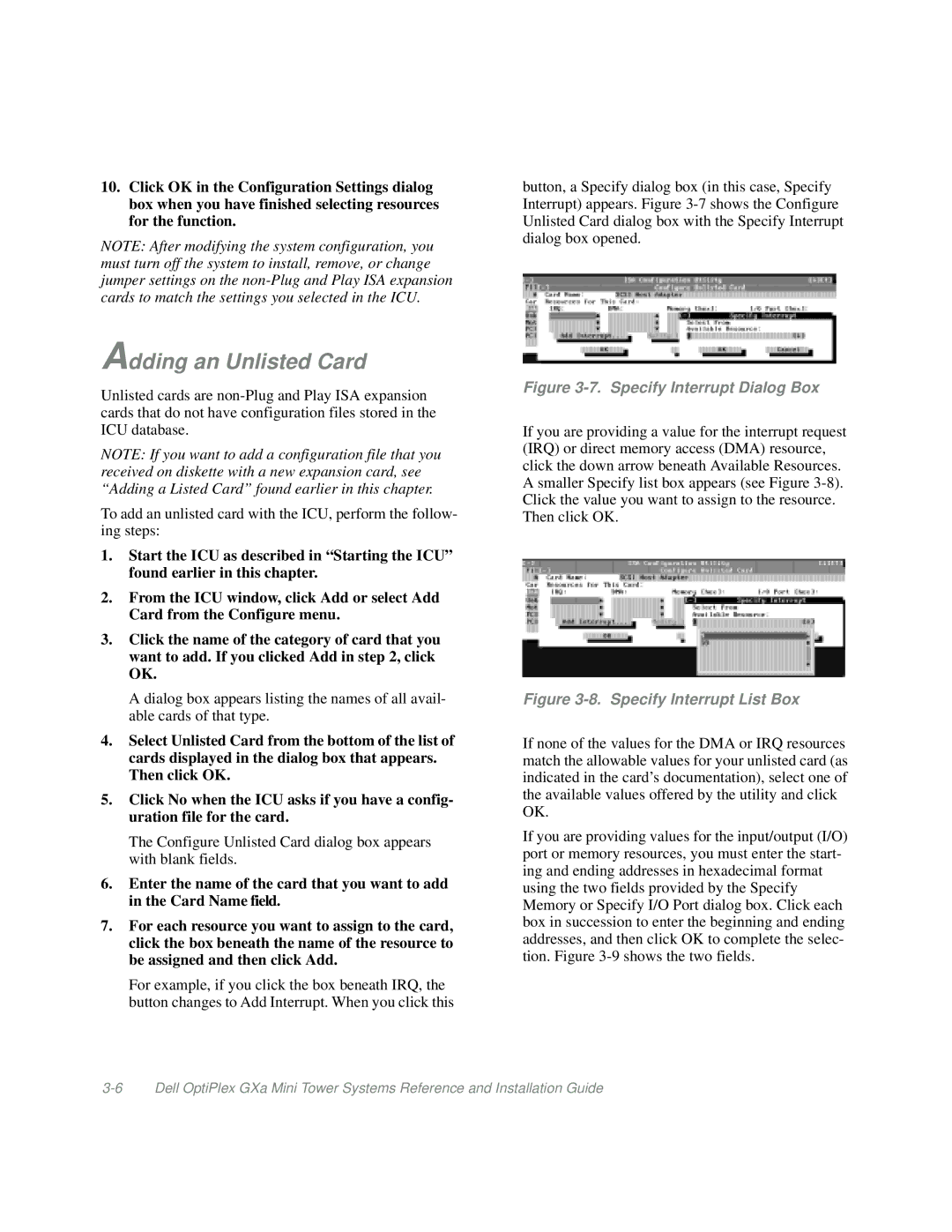 Dell Mini Tower System manual Adding an Unlisted Card, Specify Interrupt Dialog Box 