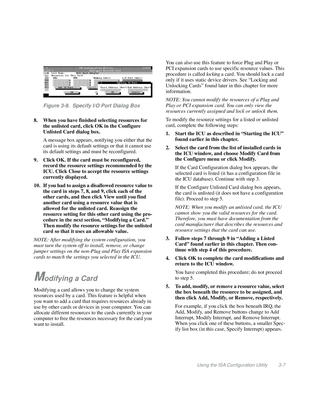 Dell Mini Tower System manual Modifying a Card, Specify I/O Port Dialog Box 