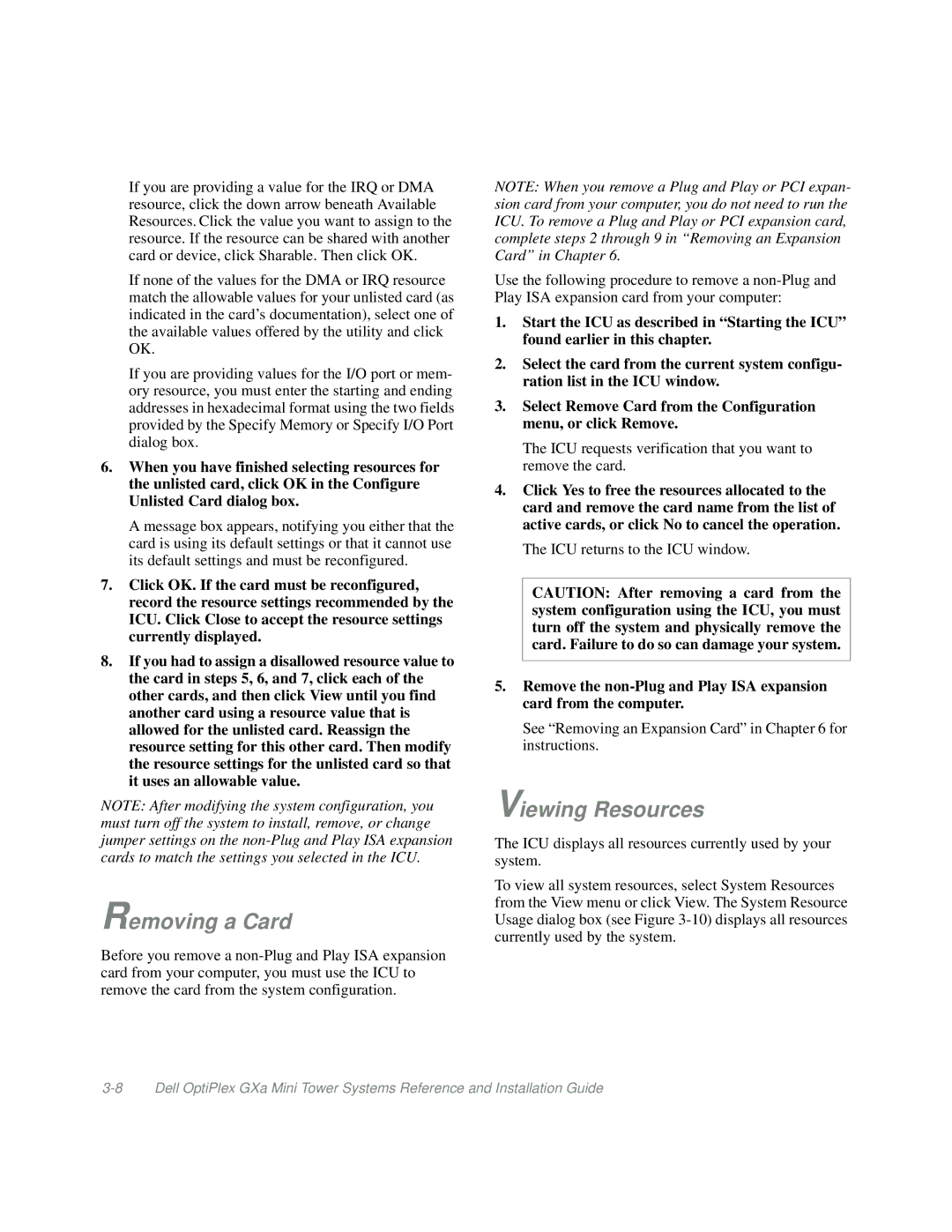 Dell Mini Tower System manual Removing a Card, Viewing Resources 