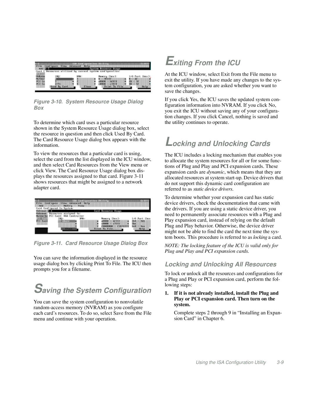 Dell Mini Tower System manual Saving the System Configuration, Exiting From the ICU, Locking and Unlocking Cards 