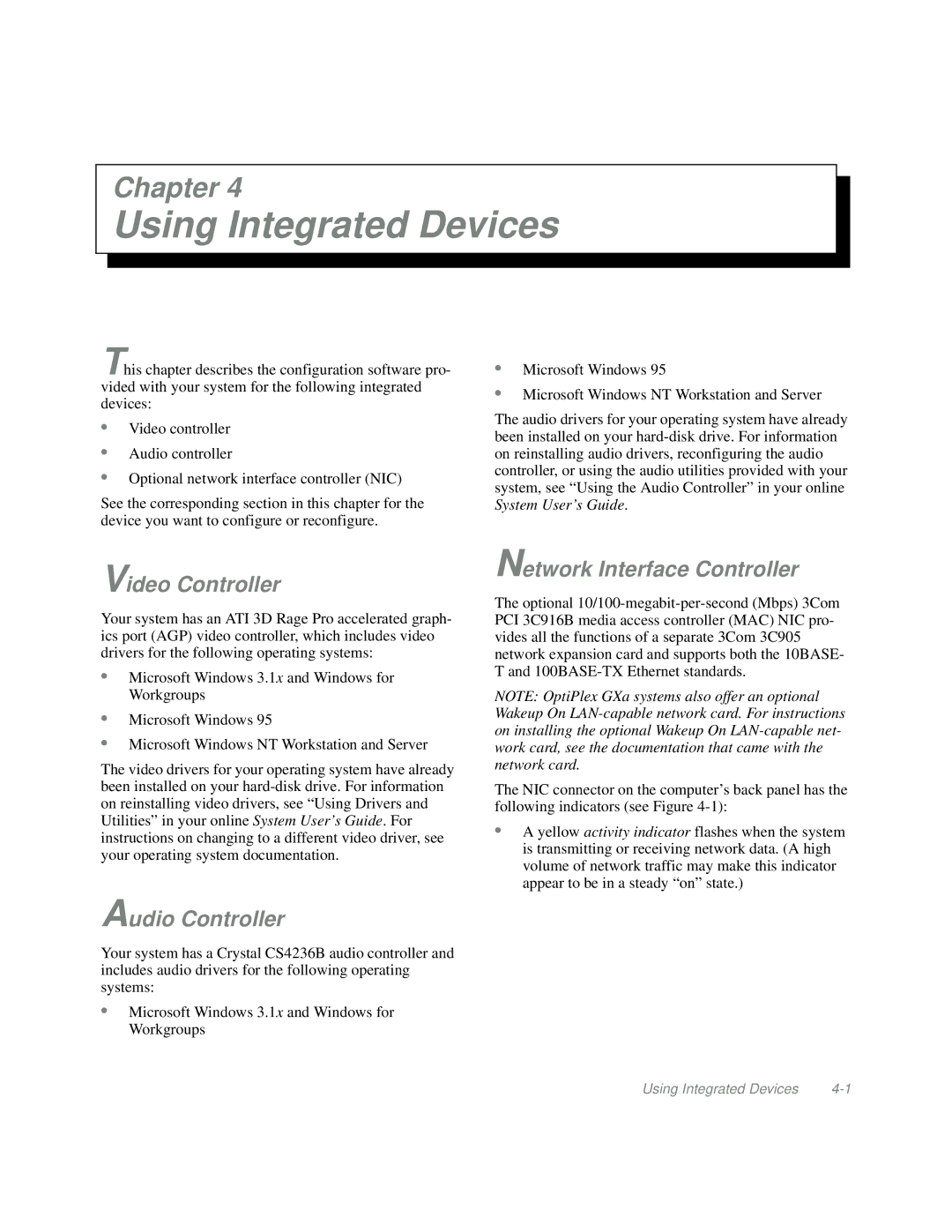 Dell Mini Tower System manual Using Integrated Devices, Video Controller, Audio Controller, Network Interface Controller 