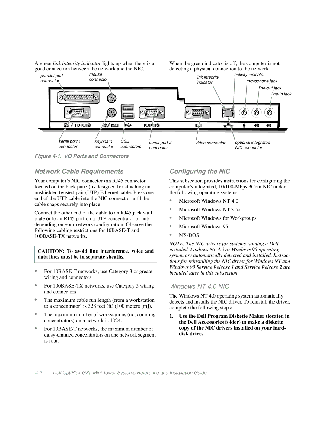 Dell Mini Tower System manual Network Cable Requirements, Configuring the NIC 