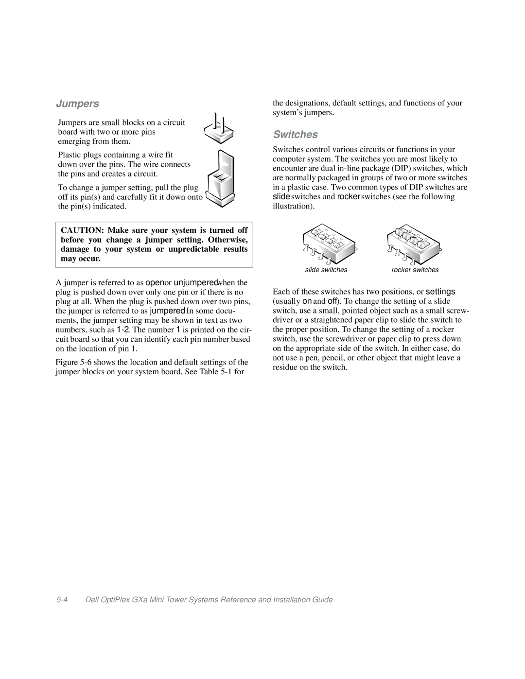 Dell Mini Tower System manual Jumpers, Switches 