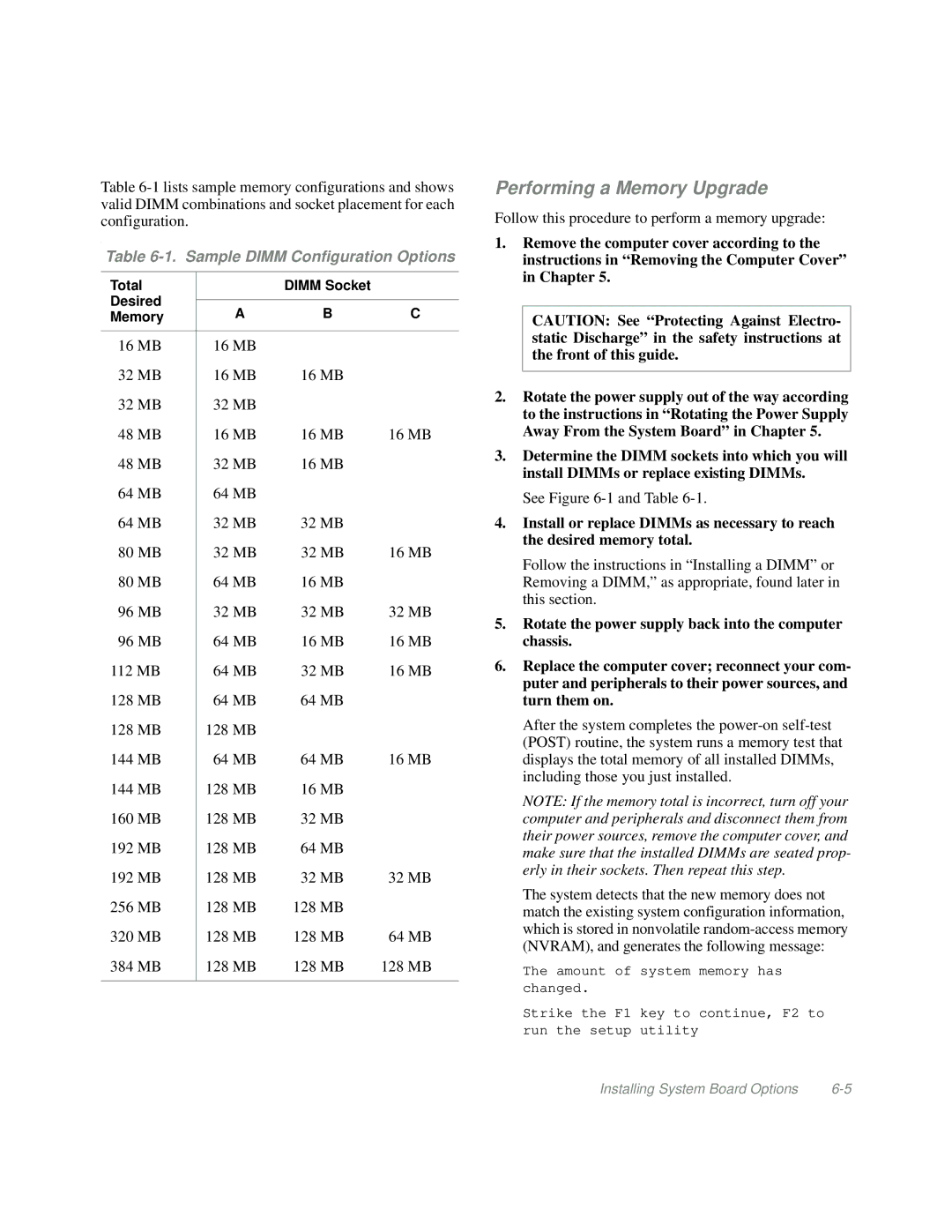 Dell Mini Tower System manual Performing a Memory Upgrade, Sample Dimm Configuration Options 