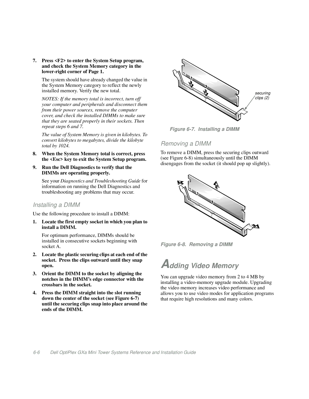 Dell Mini Tower System manual Adding Video Memory, Installing a Dimm 