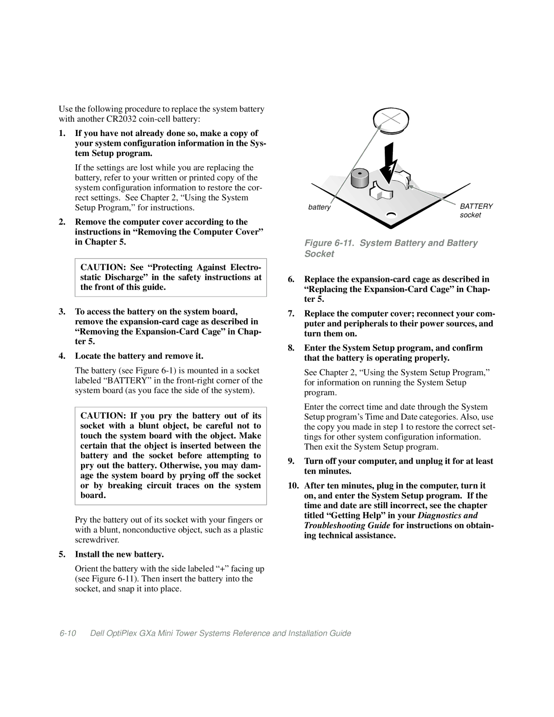 Dell Mini Tower System manual Install the new battery, System Battery and Battery Socket 