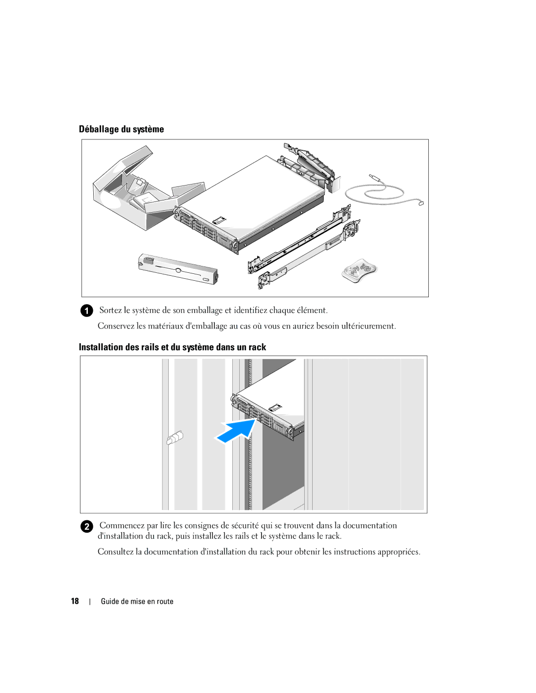 Dell MN535, 2970 manual Installation des rails et du système dans un rack, Déballage du système 