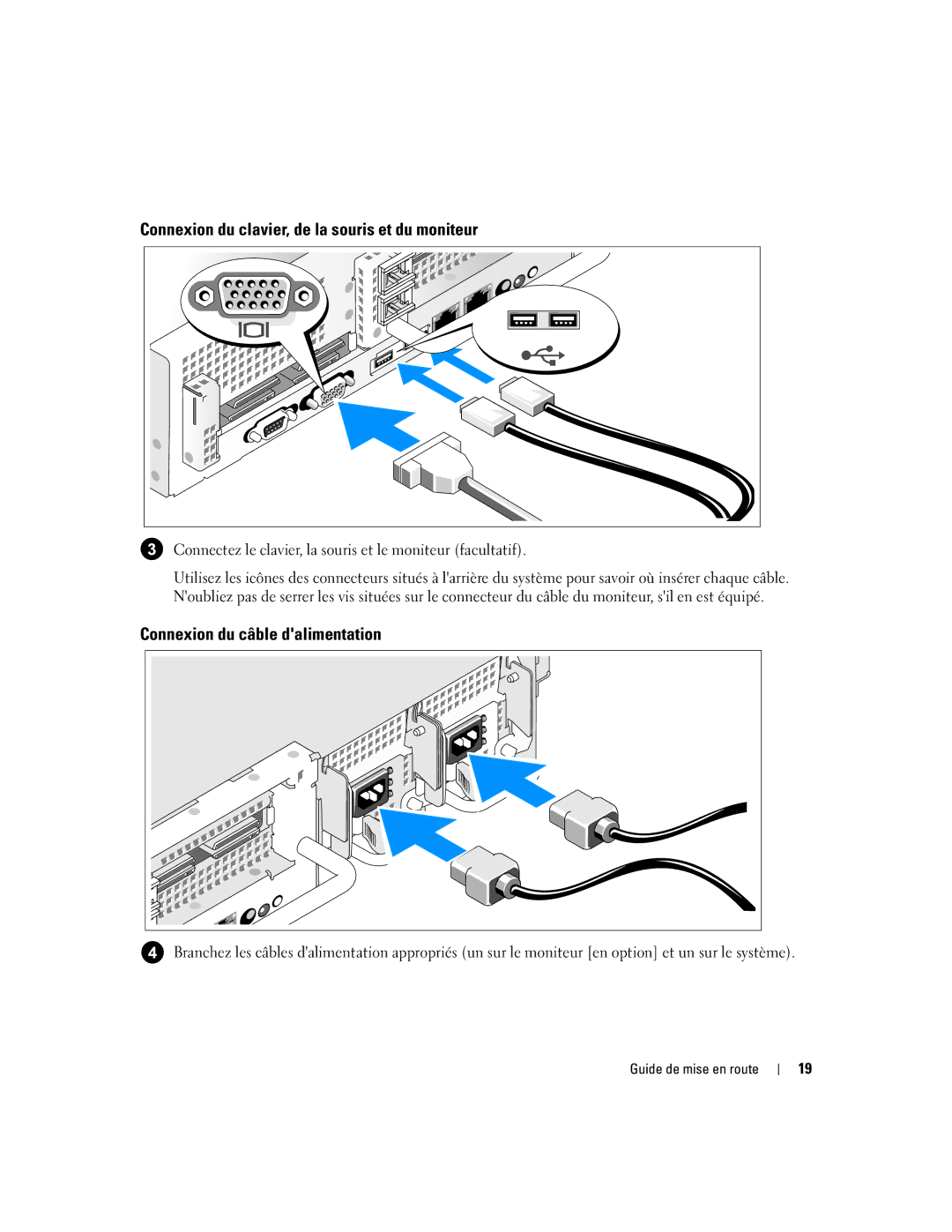 Dell 2970, MN535 manual Connexion du clavier, de la souris et du moniteur, Connexion du câble dalimentation 