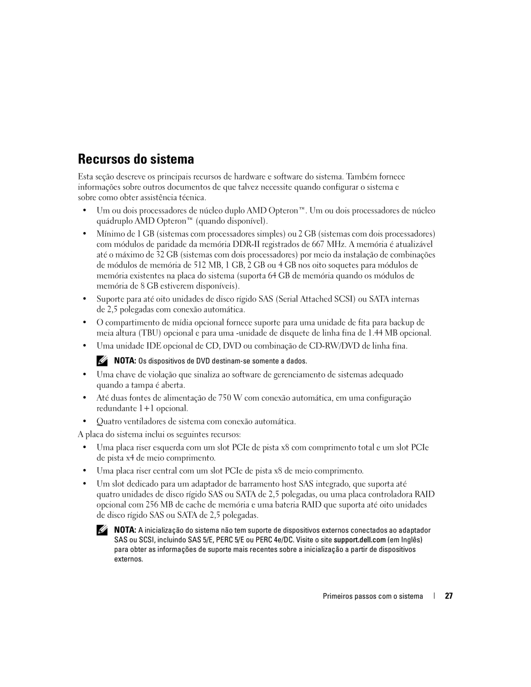 Dell 2970, MN535 manual Recursos do sistema 