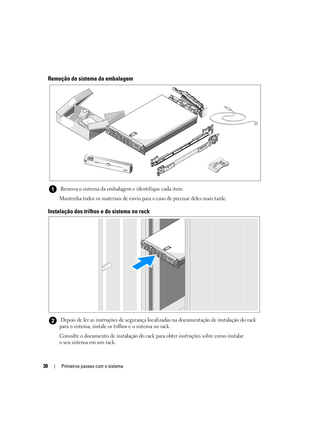 Dell MN535, 2970 manual Remoção do sistema da embalagem, Instalação dos trilhos e do sistema no rack 