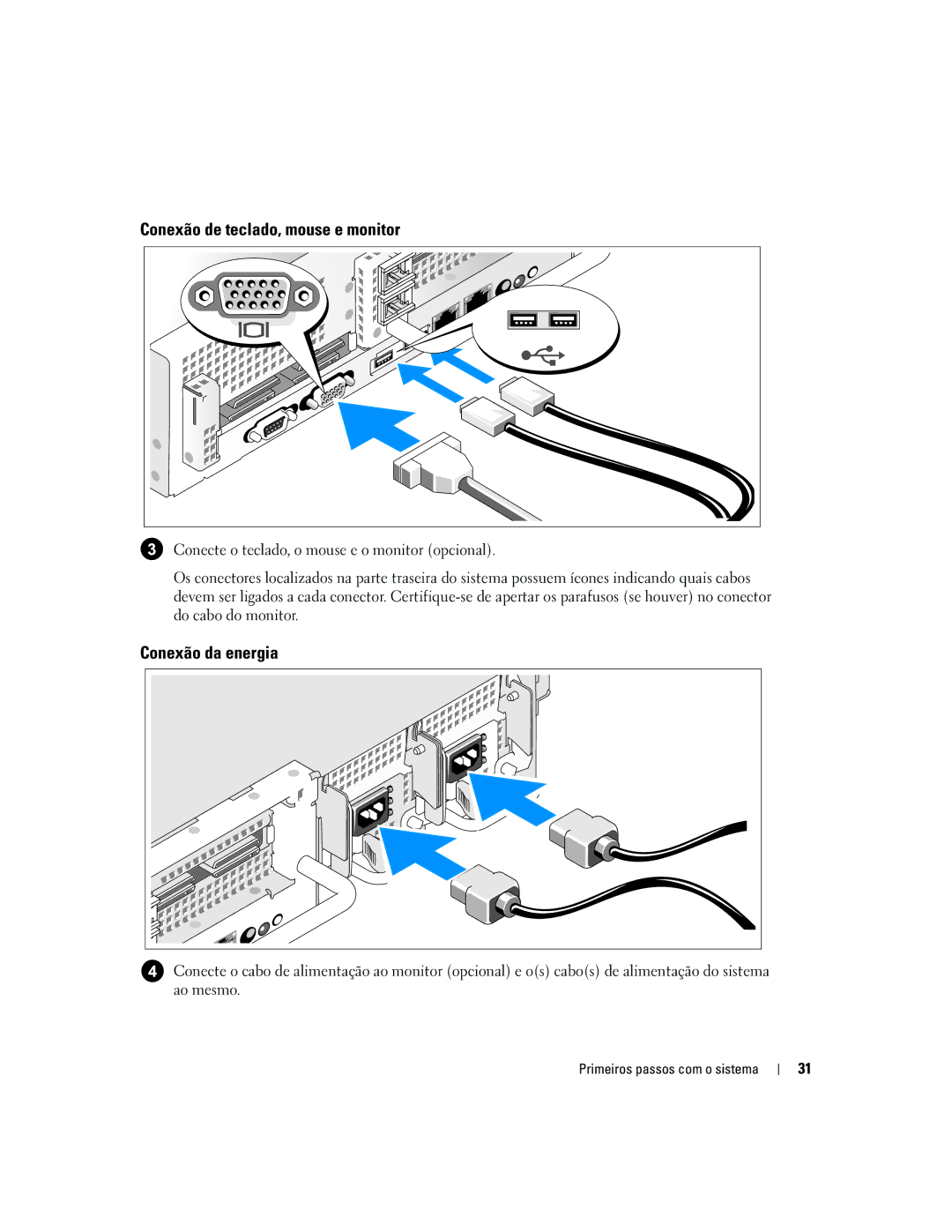Dell 2970, MN535 manual Conexão de teclado, mouse e monitor, Conexão da energia 