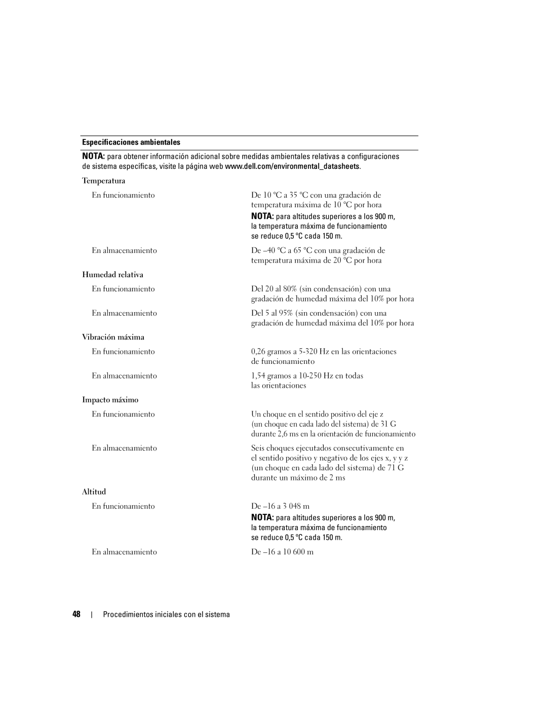 Dell MN535, 2970 manual Especificaciones ambientales Temperatura 
