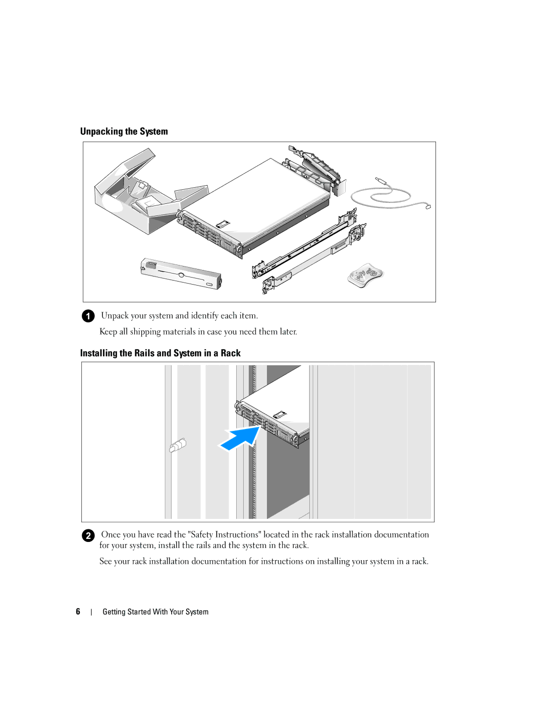 Dell MN535, 2970 manual Unpacking the System, Installing the Rails and System in a Rack 