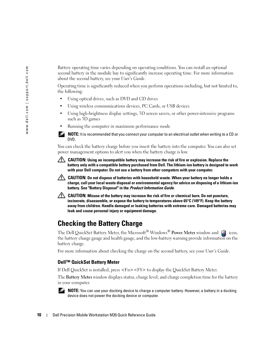 Dell Mobile Workstation M20 manual Checking the Battery Charge, Dell QuickSet Battery Meter 