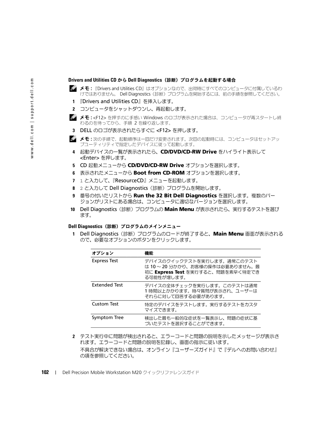 Dell Mobile Workstation M20 manual 『Drivers and Utilities CD』を挿入します。, Enter を押します。, 102 