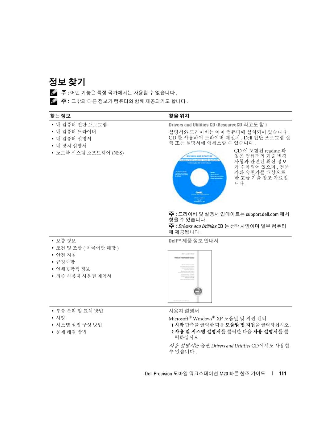 Dell Mobile Workstation M20 manual 정보 찾기, 111 