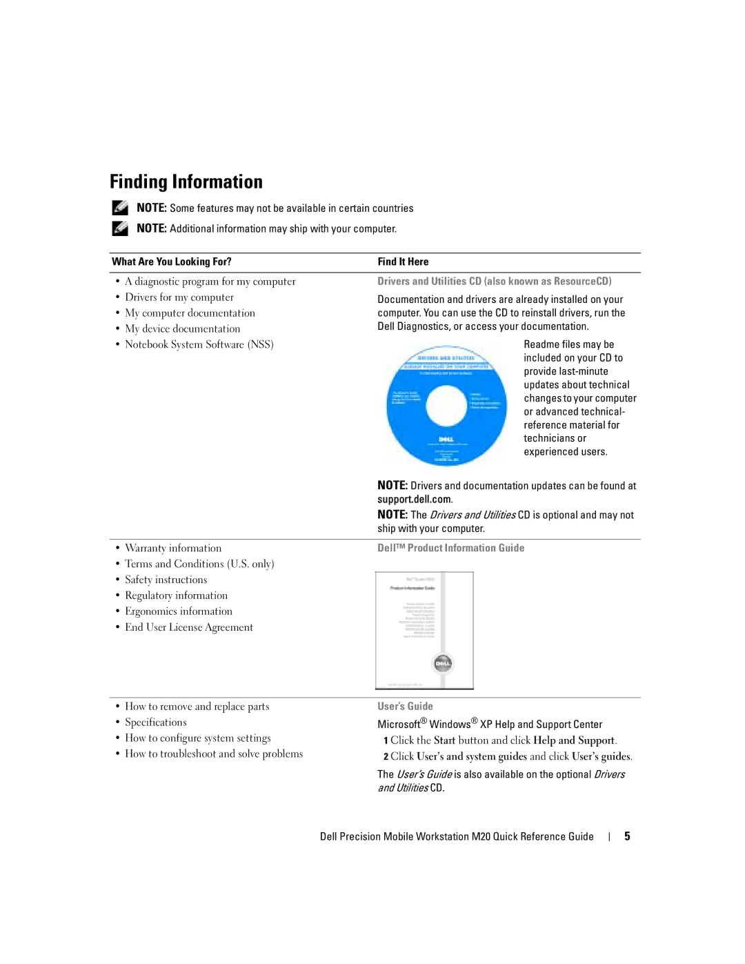 Dell Mobile Workstation M20 manual Finding Information 