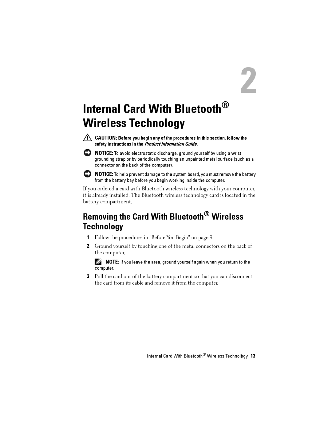 Dell Model PP06XA Internal Card With Bluetooth Wireless Technology, Removing the Card With Bluetooth Wireless Technology 