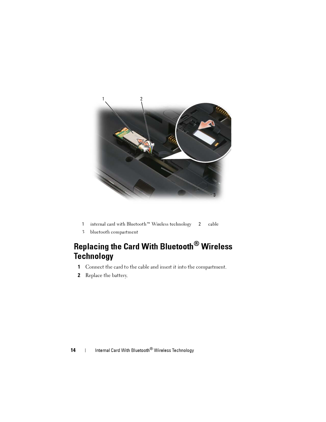 Dell Model PP06XA service manual Replacing the Card With Bluetooth Wireless Technology 