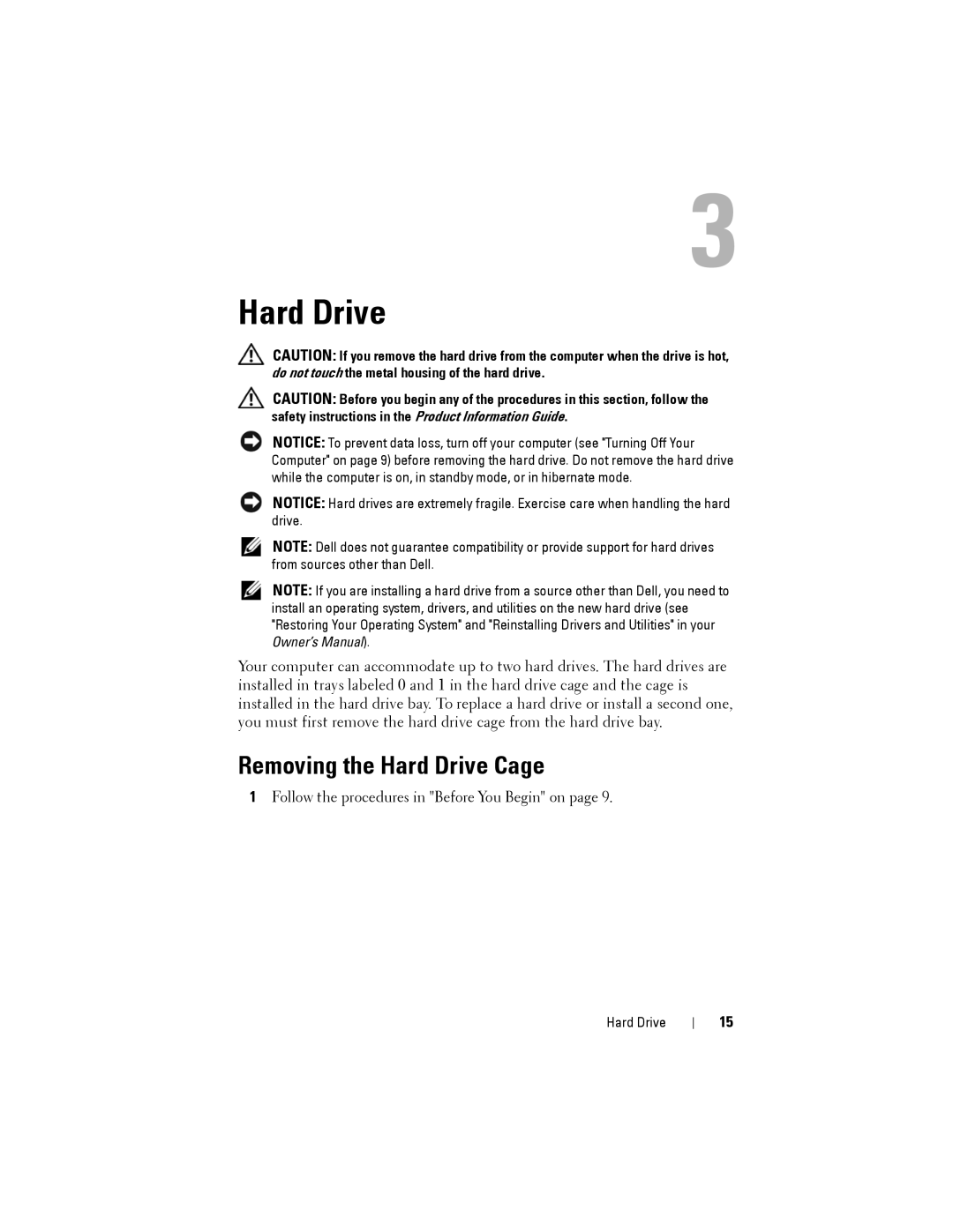 Dell Model PP06XA service manual Removing the Hard Drive Cage 