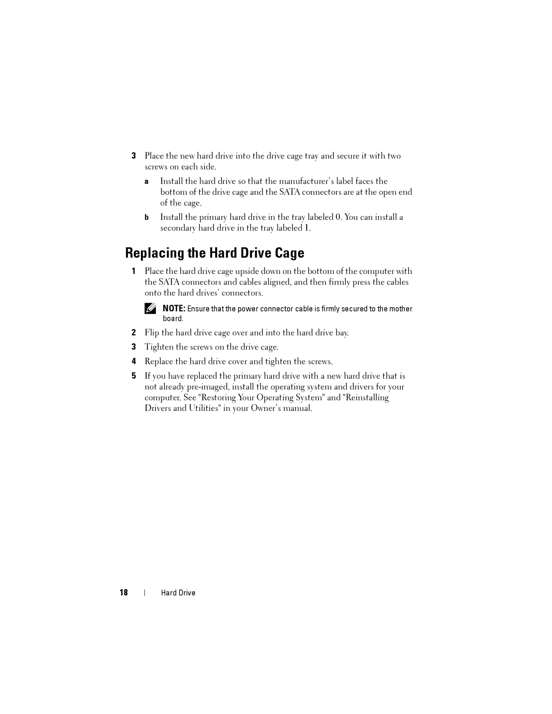 Dell Model PP06XA service manual Replacing the Hard Drive Cage 