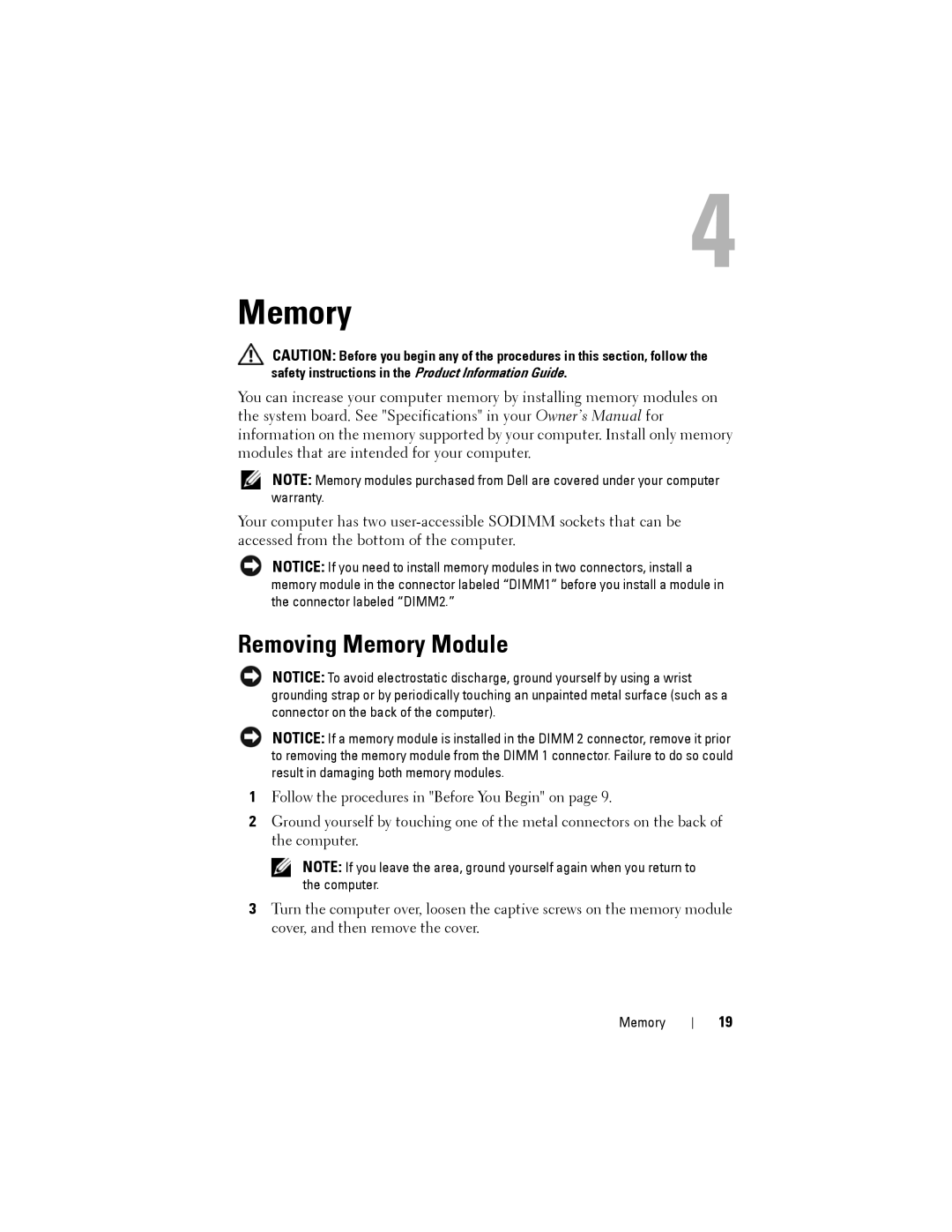 Dell Model PP06XA service manual Removing Memory Module 