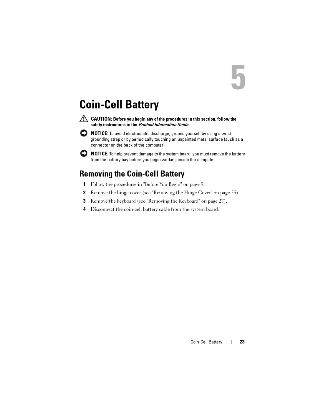 Dell Model PP06XA service manual Removing the Coin-Cell Battery 