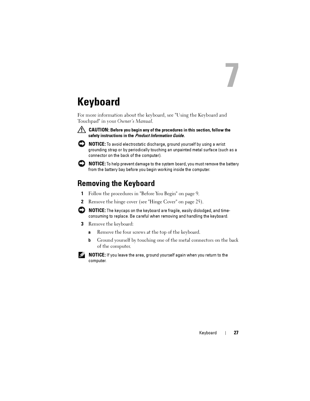 Dell Model PP06XA service manual Removing the Keyboard 