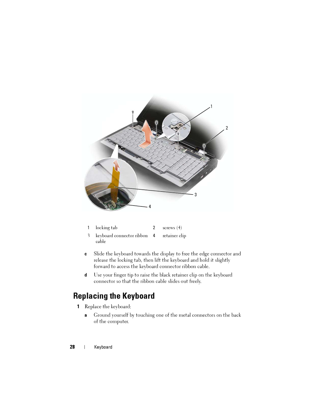 Dell Model PP06XA service manual Replacing the Keyboard 