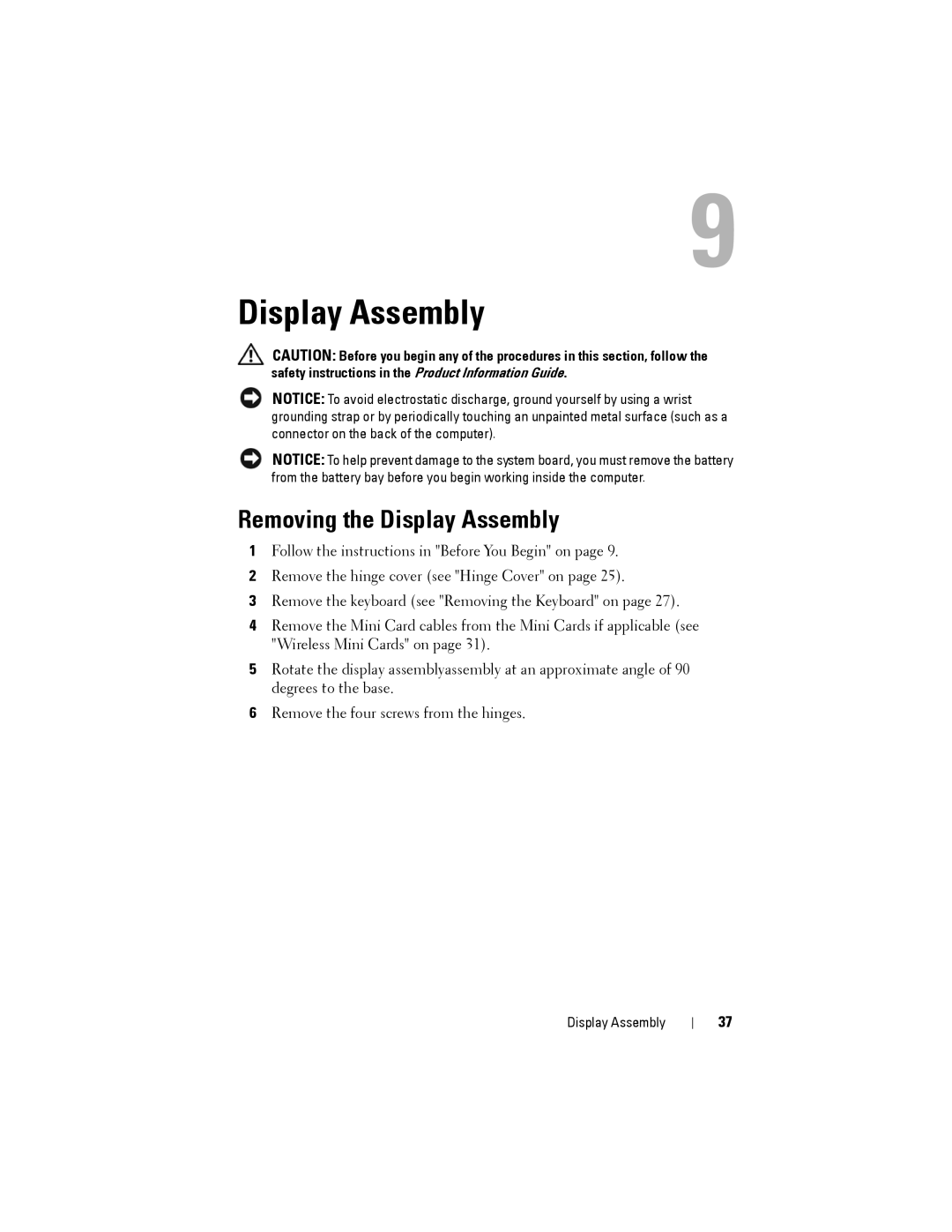 Dell Model PP06XA service manual Removing the Display Assembly 